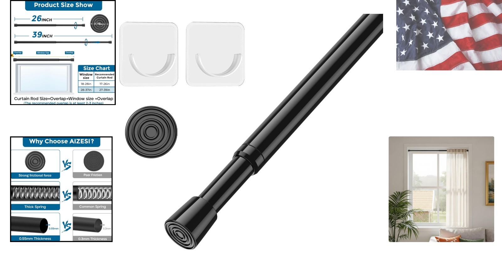 Spring Tension Curtain Rods: 26-39 Inch Adjustable, Black with Holders