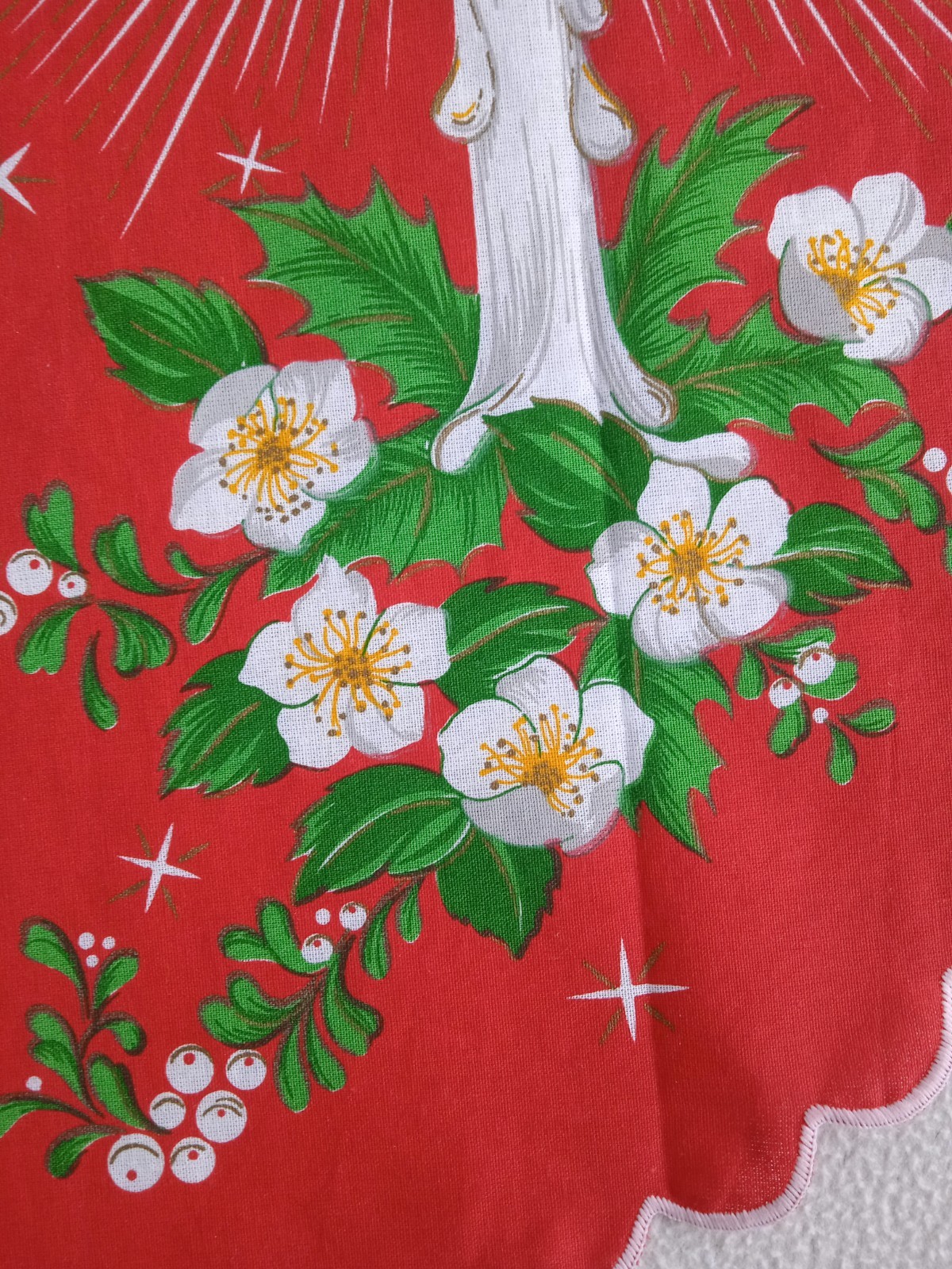 Vintage Christmas Red Cotton Valance with Candle & Flower Pattern Made in Brazil