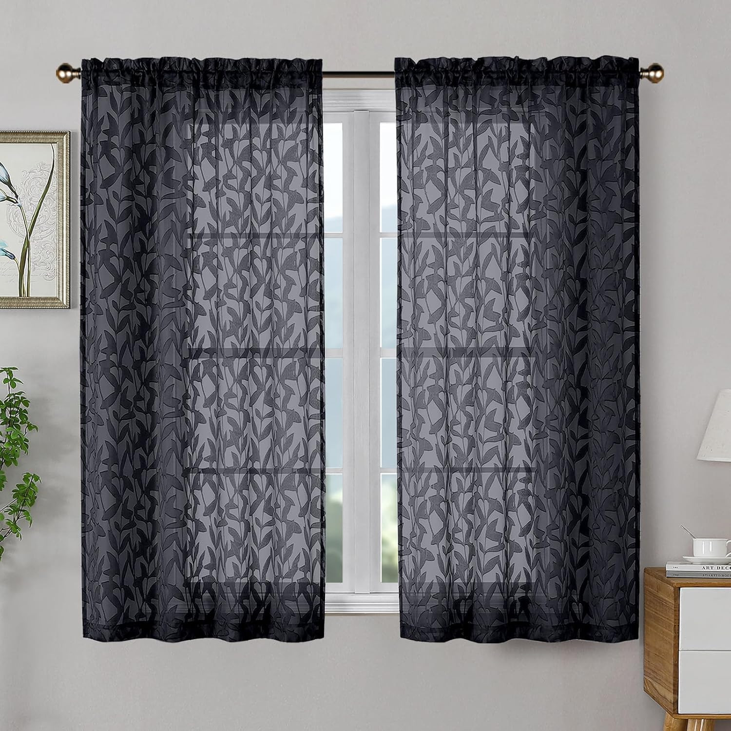 Black Sheer Curtains 54 Inch Length 2 Panels Set Leaf Texture Light Filtering Dr