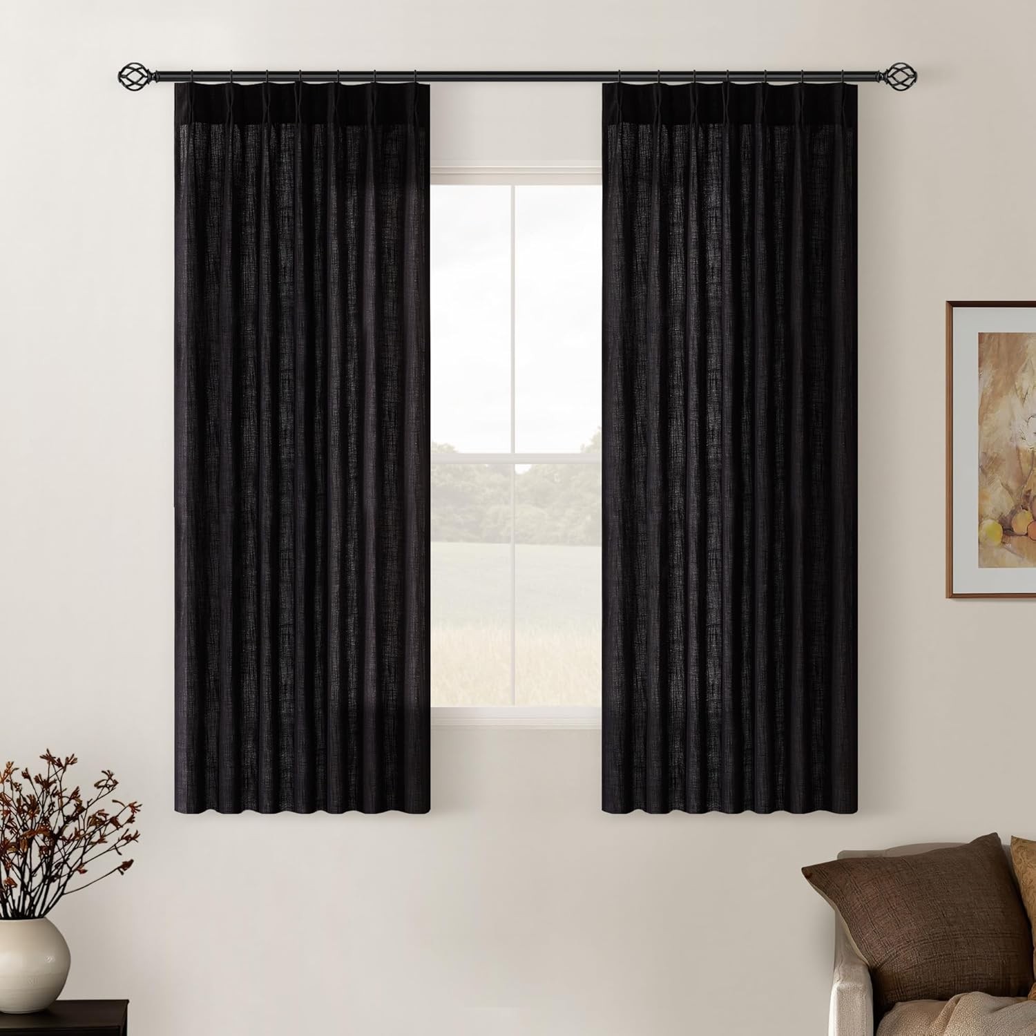 Pinch Pleated Linen Curtains 96 Inch Light Filtering Drapes 2 Panels Neutral