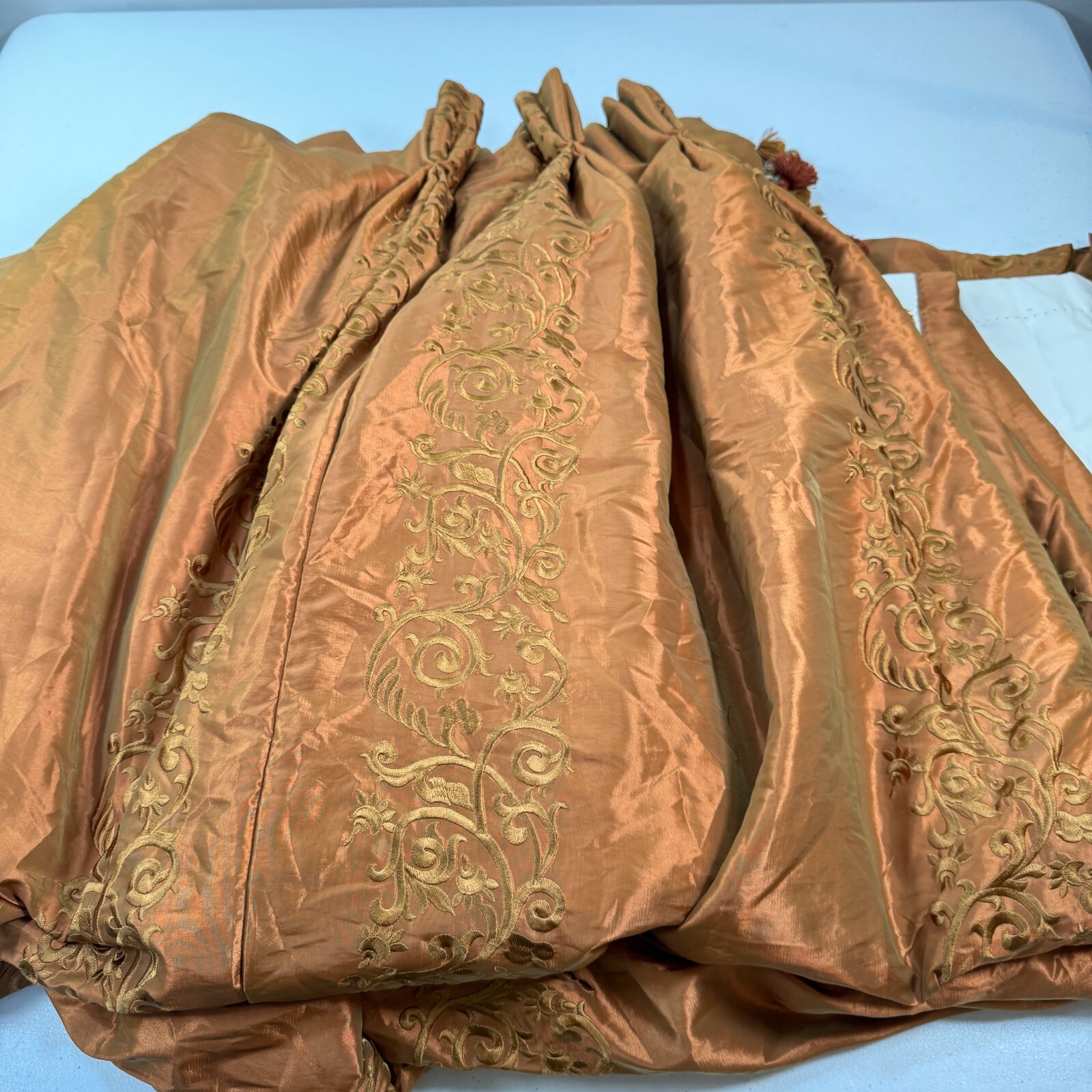 custom pinch pleat drape curtain panel brown damask floral beaded edge