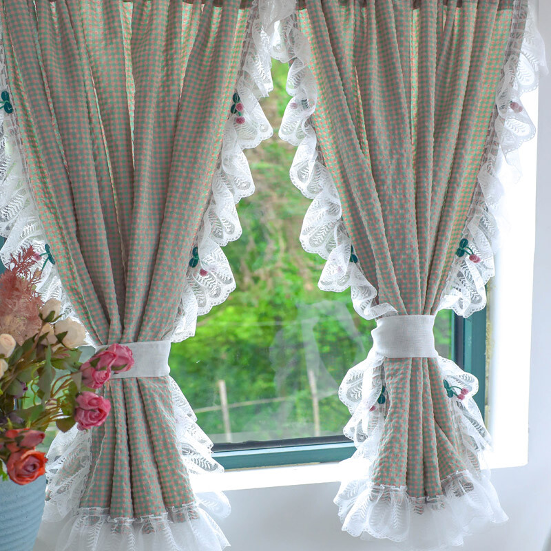 1 Panel Lace Checked Curtains Balcony Short Curtain Rod Pocket Light Filtering