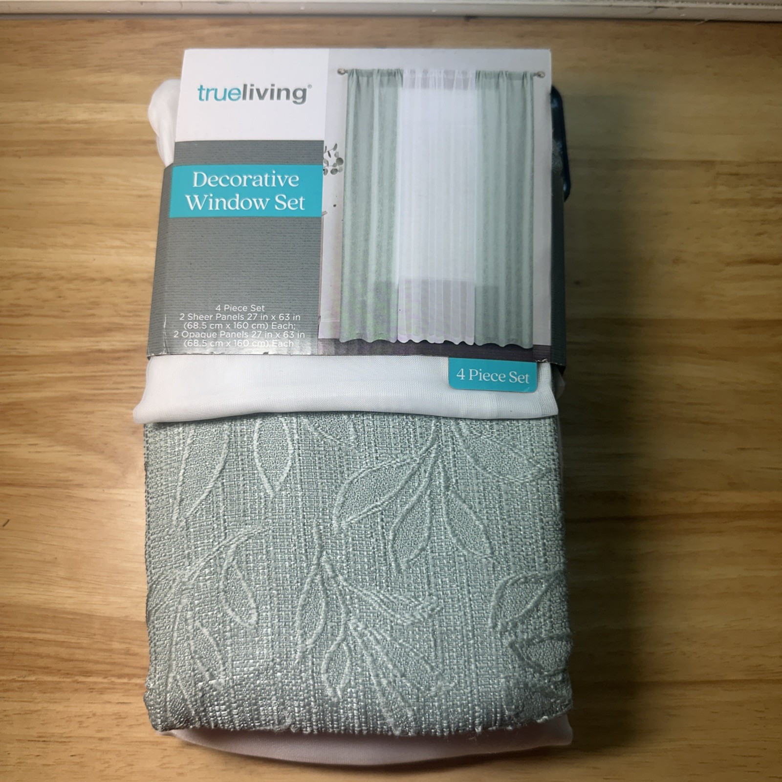 True Living 27 x 63” 2 Green floral and 2 white sheer Curtain Rod 4 piece set