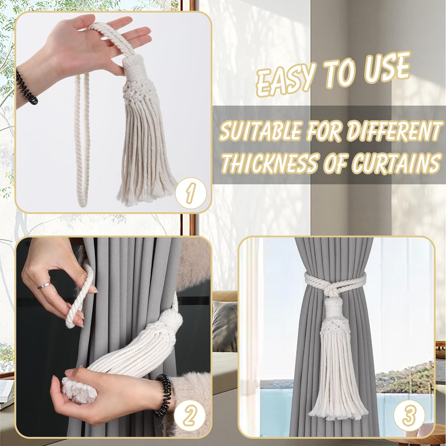 2 Pack Boho Decorative Curtain Tiebacks Hand-Woven Cotton No Drill Curtain Holdb