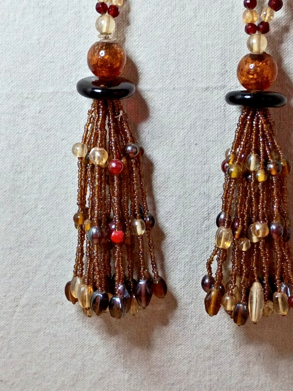 Two Gorgeous Vintage 9” Beaded Curtain Tie Back Tassel Brown/Black Orange