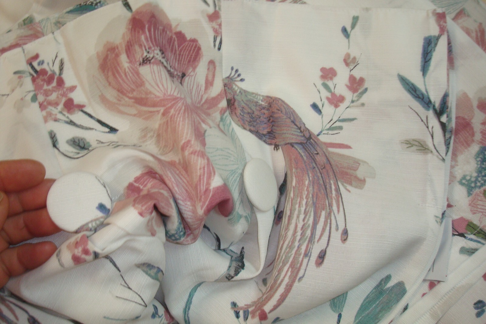 NWT Indigo Window Panels Drapes Peacock BIRDS 2 pc Pleated w/ Buttons 84″ lg
