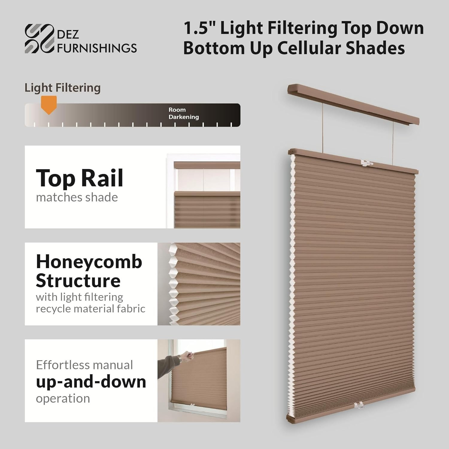 Cordless 1.5″ Light Filtering Cellular Shade, 27″ W X 64″ H, Latte