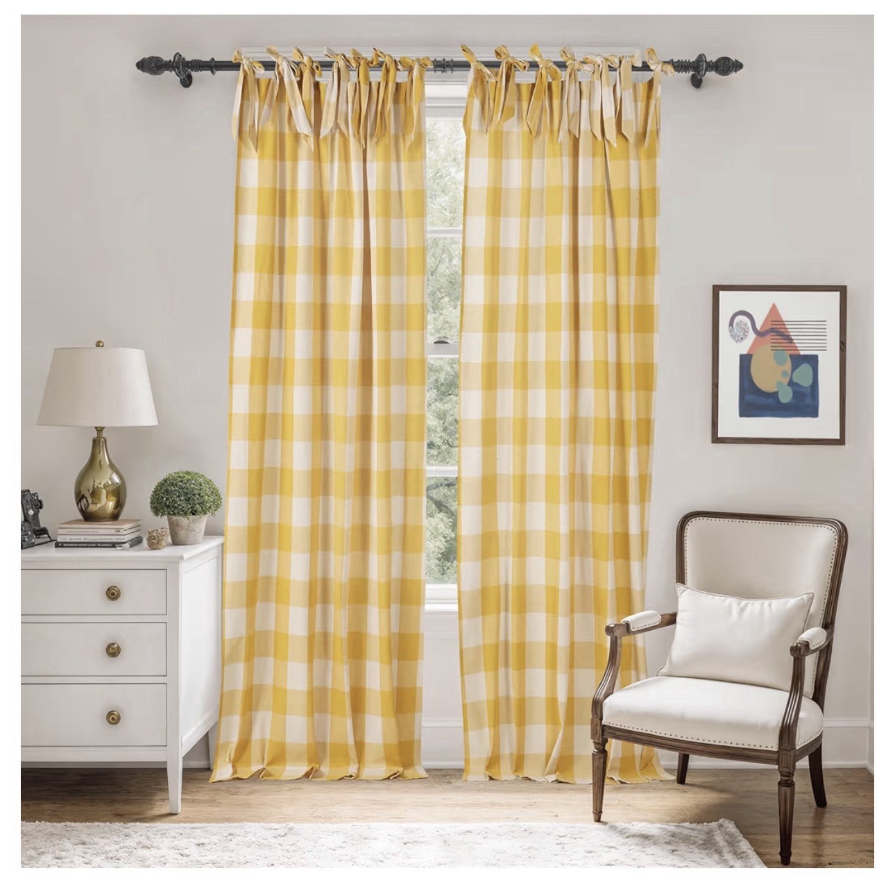 THE ART BOX Farmhouse Buffalo Check Tie Top Curtain Panels 42×72 Yellow/White