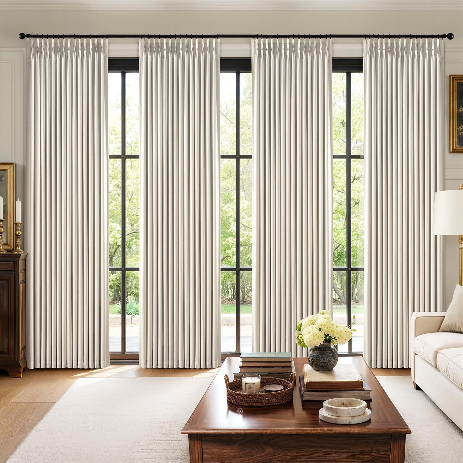 Pinch Pleat Blackout Curtains 90 Inch 4 Panel Linen Thermal Drapes Birch