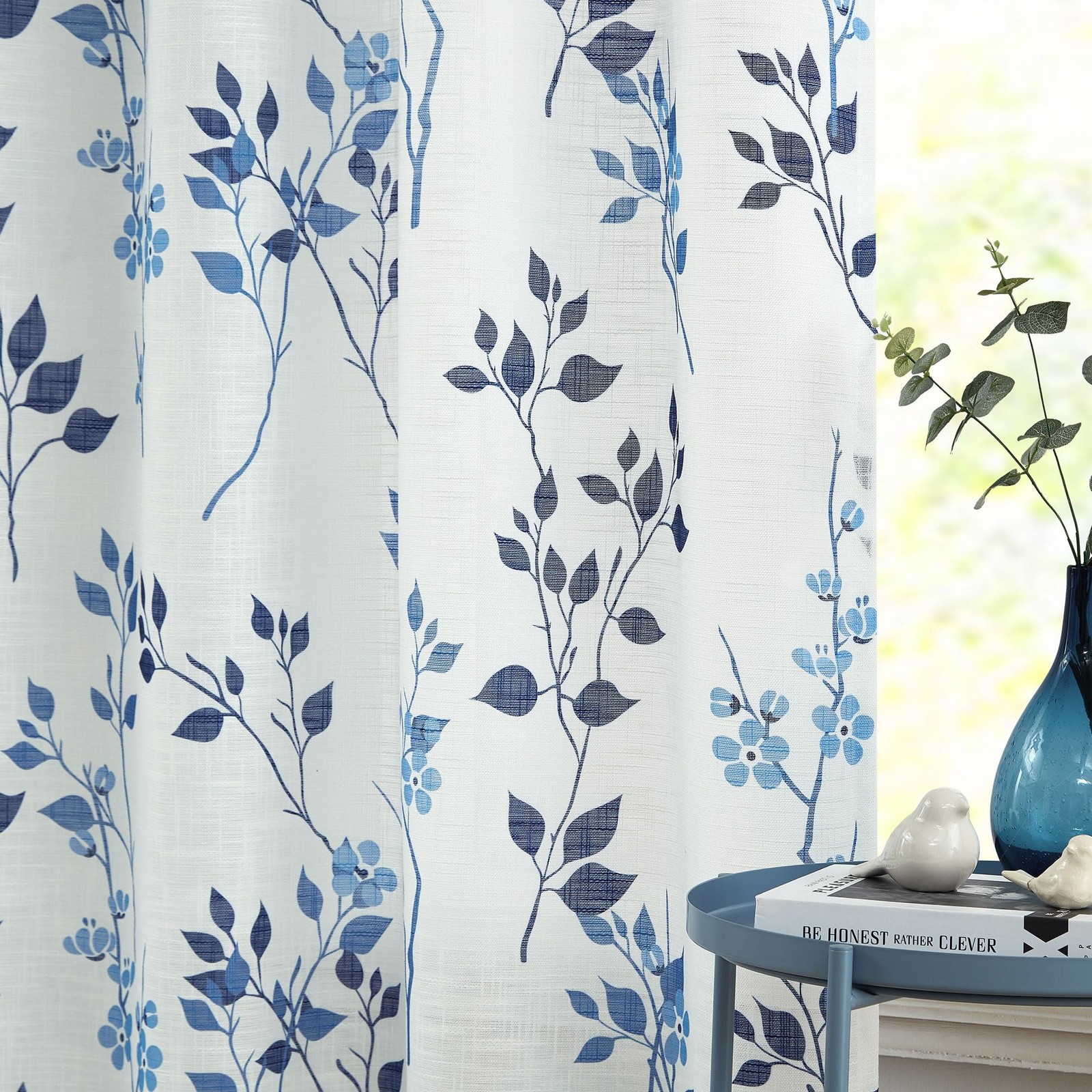 Beauoop Floral Leaf Semi Sheer Curtains 54″ L, 2 Panels for Living Room