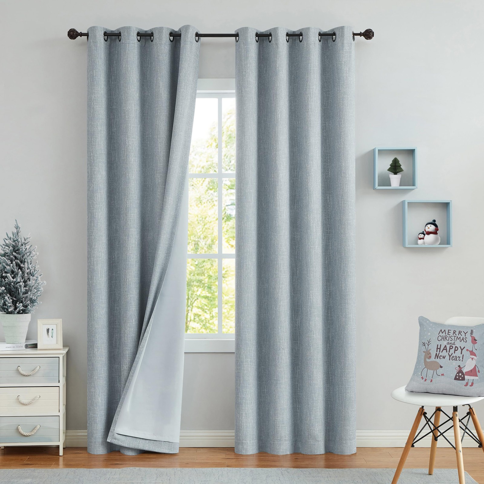 Central Park Blue Solid Full Blackout Curtain Heavy Linen Texture Window