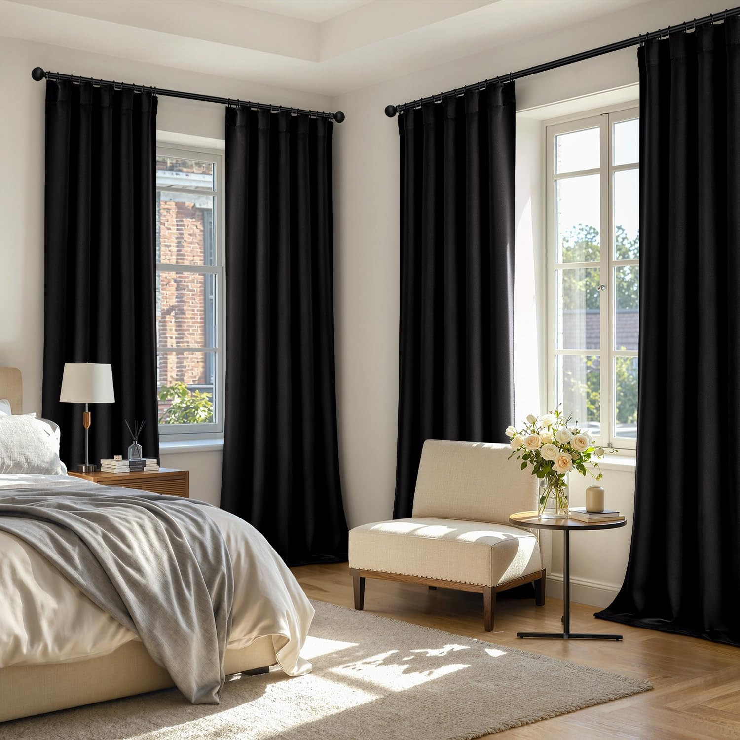 MIULEE Black Pinch Pleat Blackout Curtains 96 Inch Length 2 Panels Set for Bedro