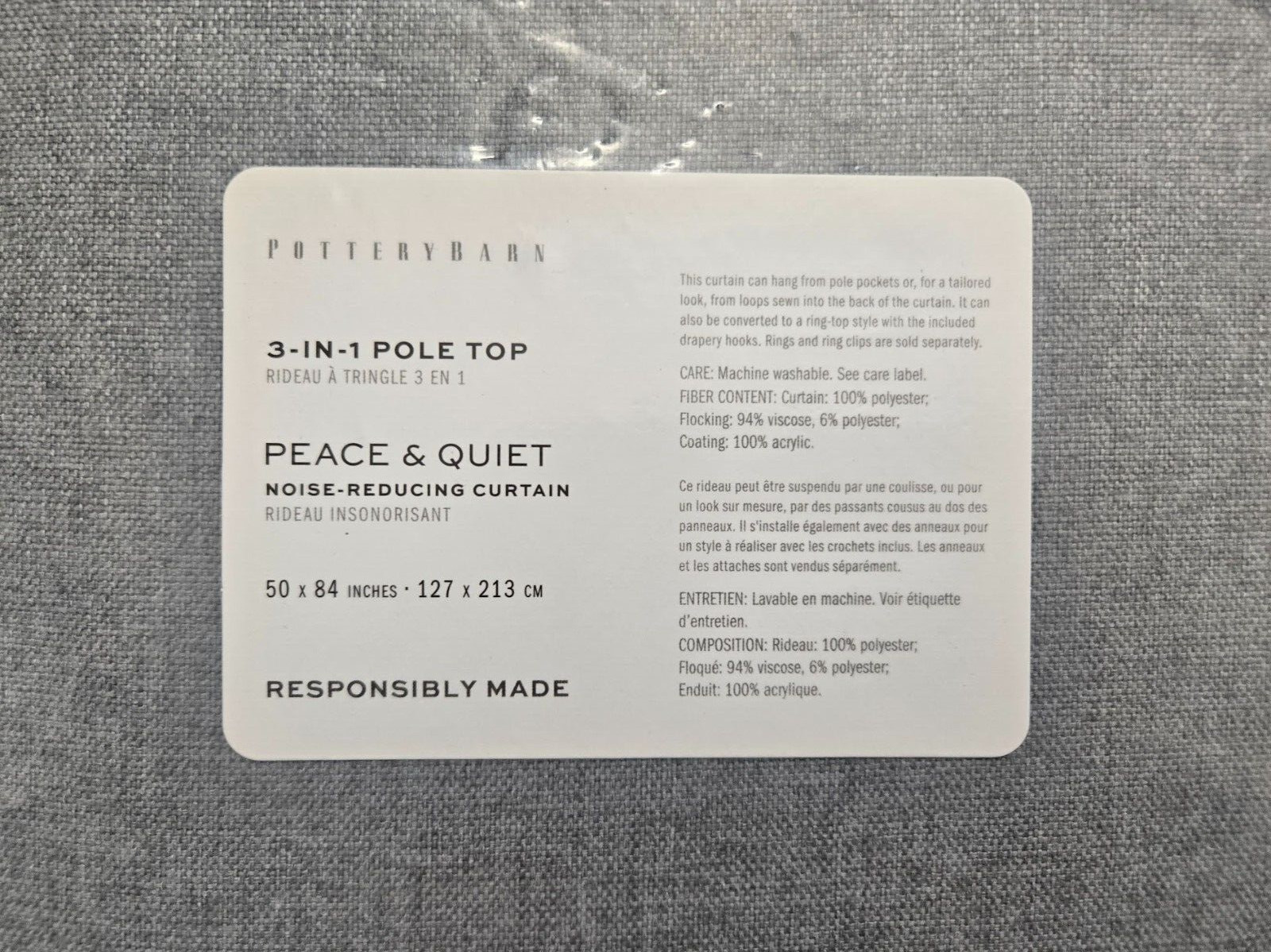 Pottery Barn 3in1 Pole Top Peace & Quiet Noise-Reducing 3-Curtain 50×84 Chambray