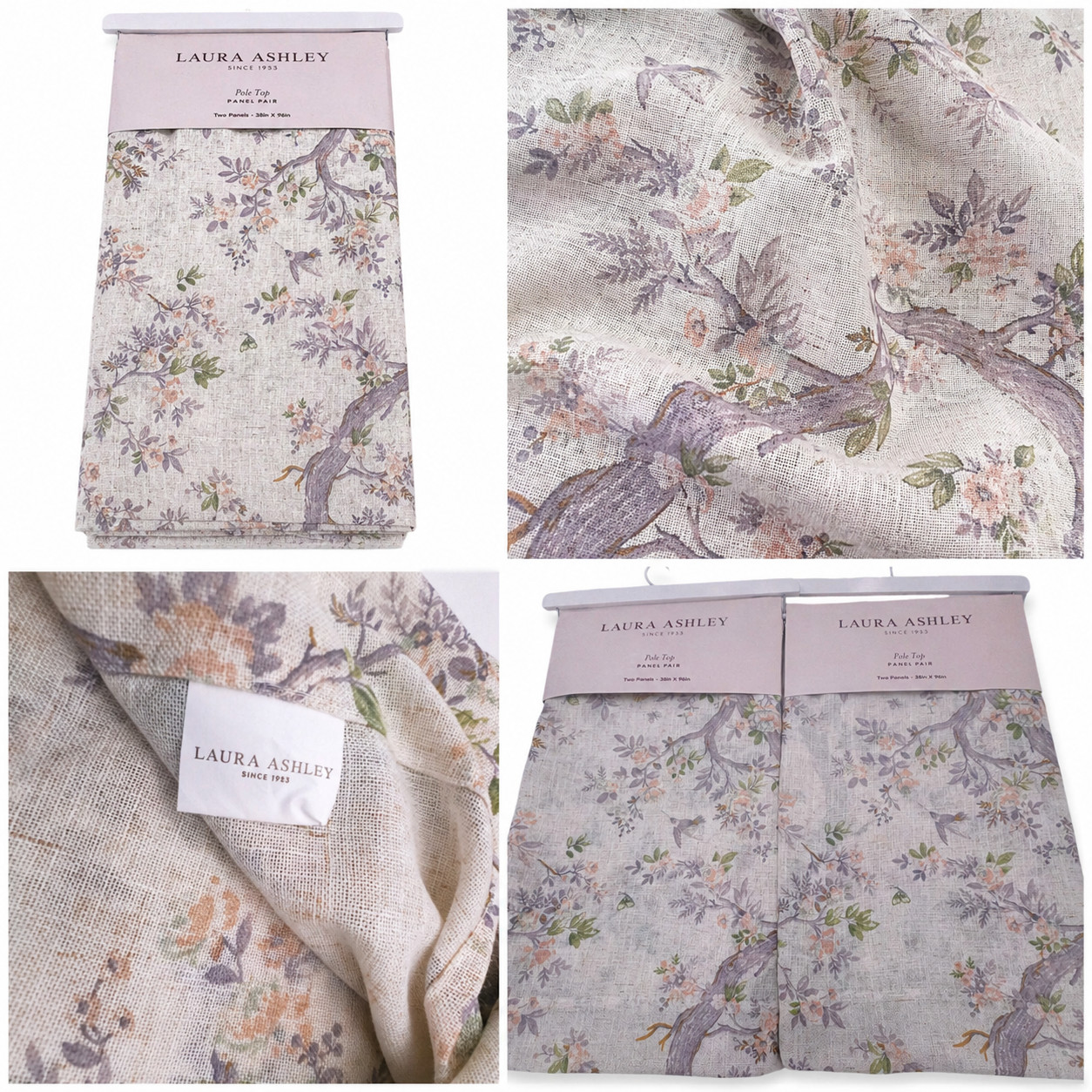 Laura Ashley Set of 4 Bird Floral Curtains 38″x96″ Linen Blend New Natural