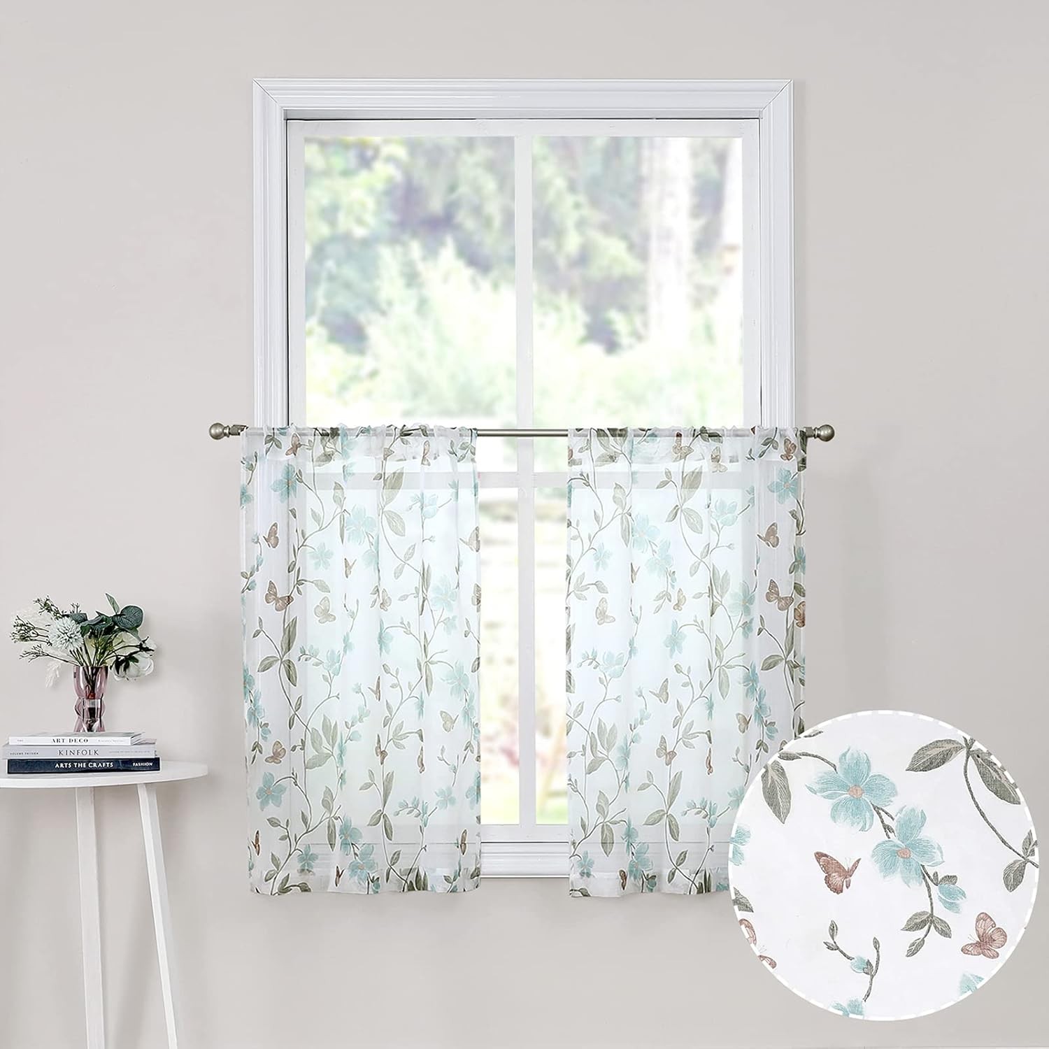 Sheer Floral Tier Curtain Blue Flower Butterfly Printed Half Window Curtains Rod