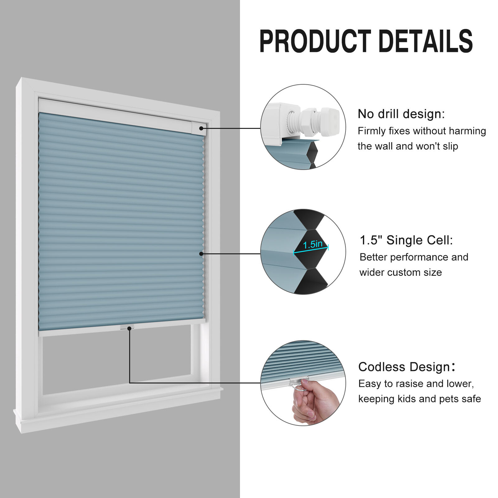Blackout 1.5” Cellular Shades Honeycombs for Window No Drill No Tools Cordless