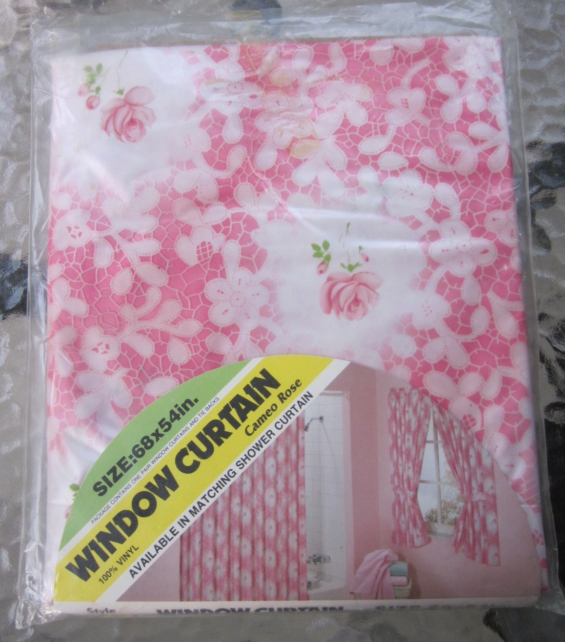 Vintage NOS Cameo Rose Vinyl Window Curtain ONLY New In Package 68″ x 54″ Pink