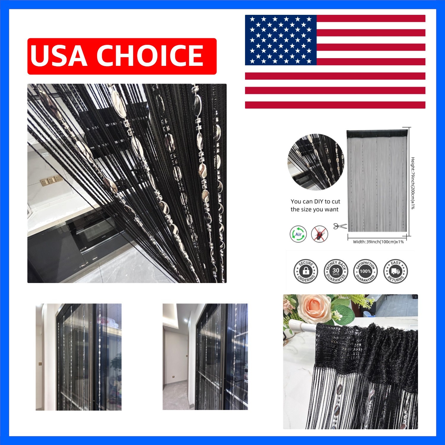 100cmX200cm Decorative Door String Curtain Beads Wall Panel Fringe Window Roo…