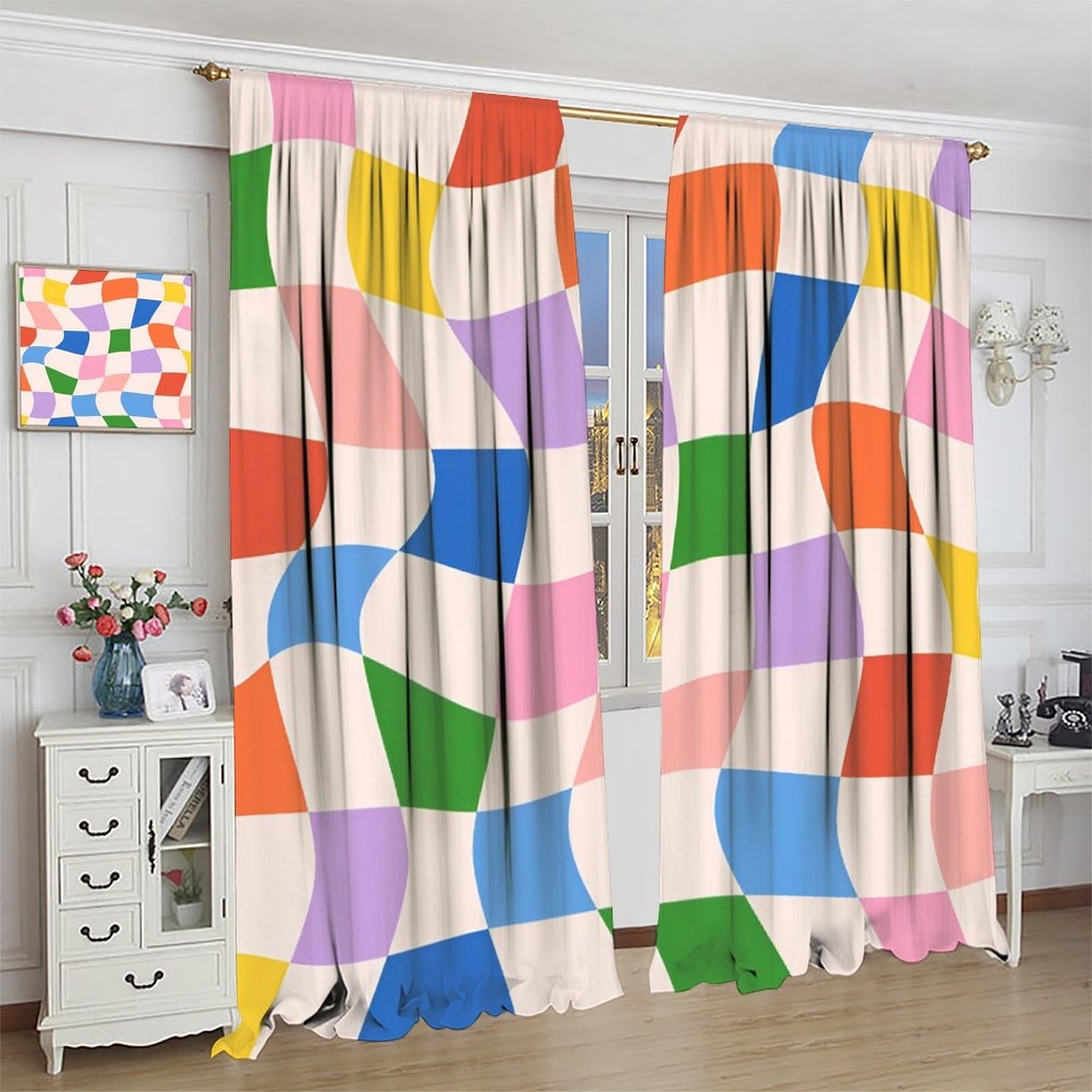 Checkerboard Rainbow Curtains, Boho Vintage 70s Colorful Square Abstract Wavy…