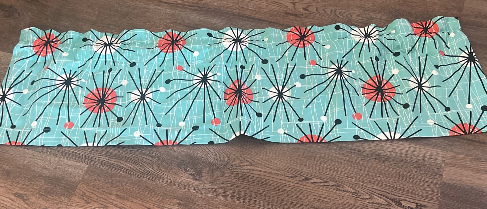 Retro MCM Atomic 6 Window Valance 42×12″ Aqua Peach Black Lined For 3 Windows.