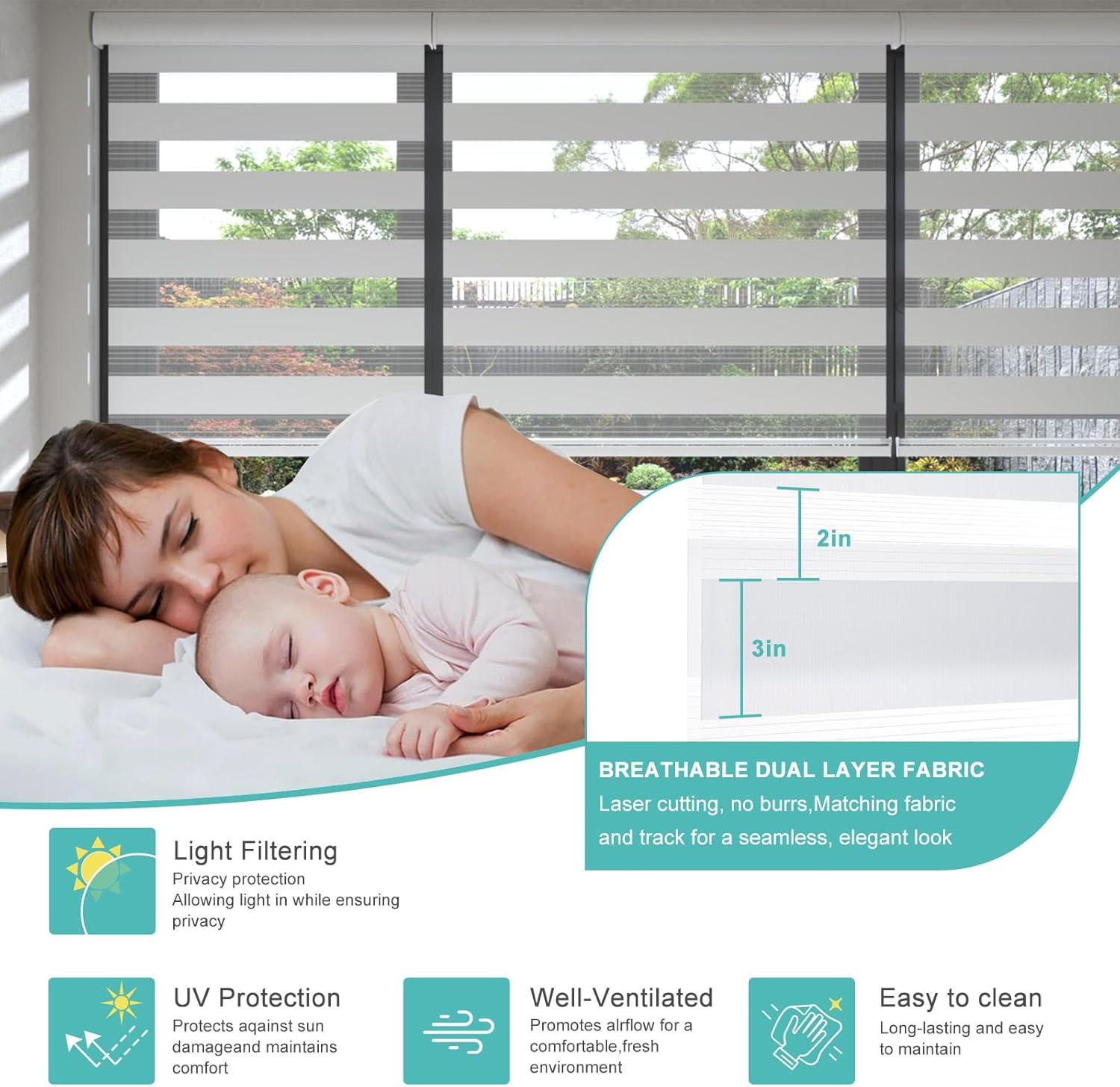Cordless Zebra Blinds for Windows, Modern Dual Layer Zebra Blinds with Light Fil