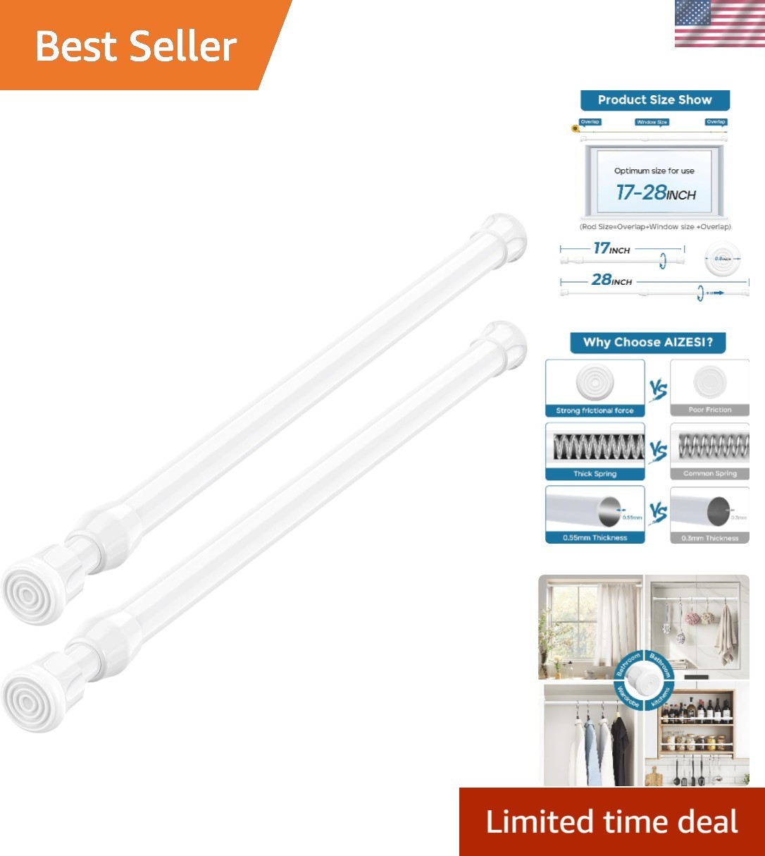 Elegant White Spring Tension Rods Set (17-28”) – Easy Installation & Versatile