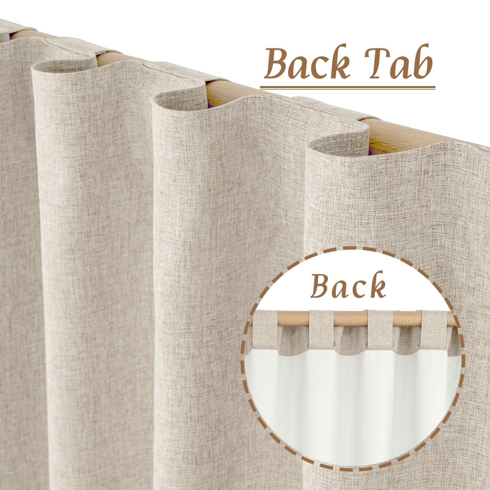 100% Blackout Linen Kitchen Curtains, 36″ Back Tab Rod Pocket Drapes, 2 Panels,