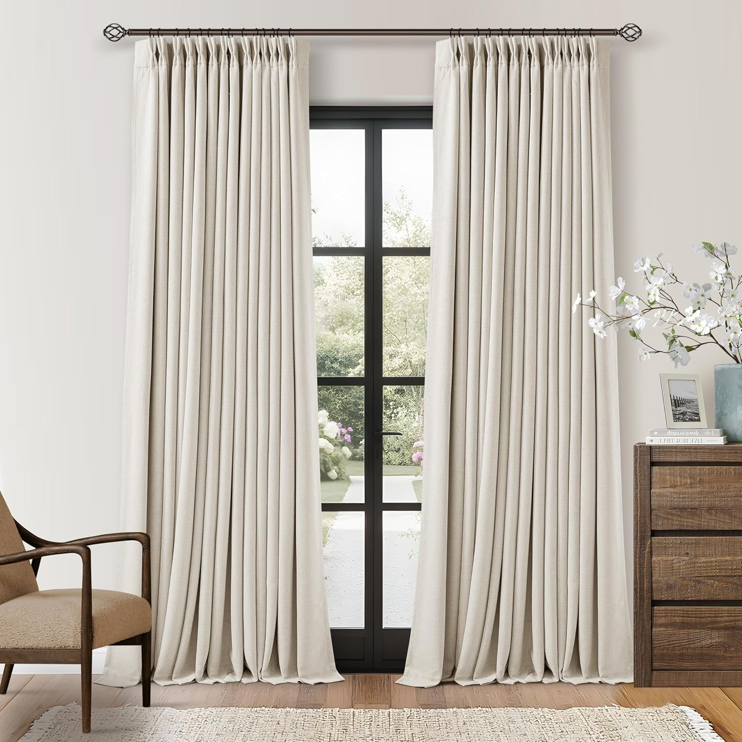 120″ Blackout Pinch Pleat Curtains – 2 Panel Set for High Ceilings, Beige