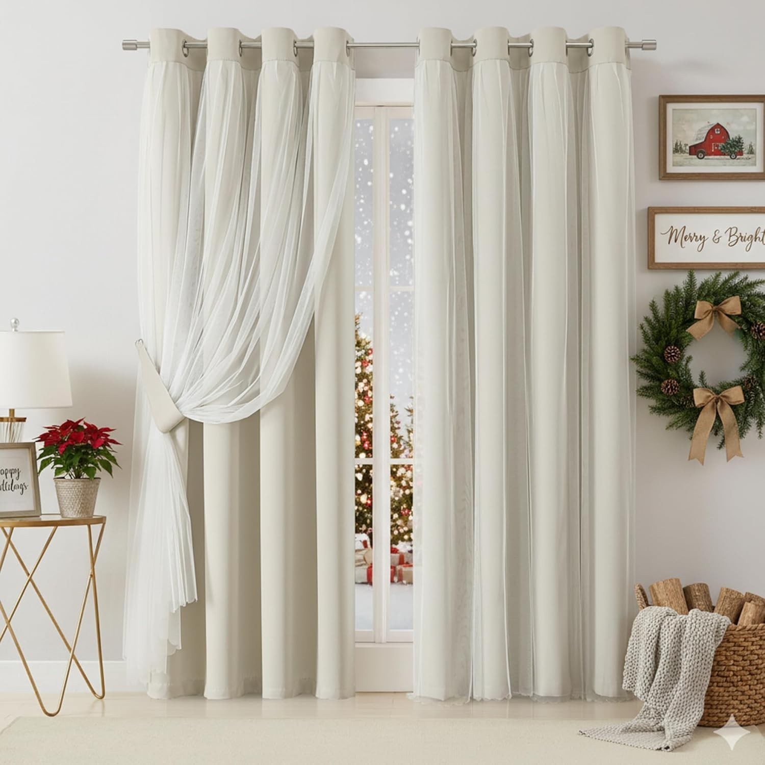 Beige 80% Blackout Curtains W/ Sheer Overlay Mix & Match Double Layer Thermal