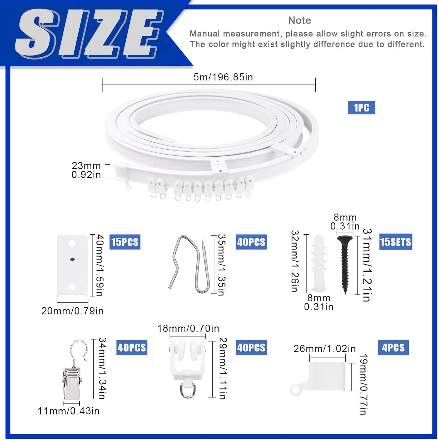 155Pcs 5M/16.4ft White Bendable Curved Ceiling Curtain Track Set, Includes 40…