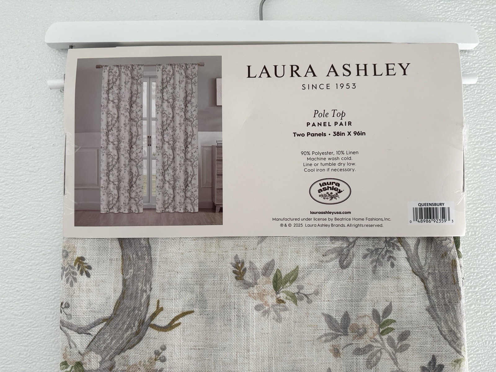 Laura Ashley Window Curtains 2 Panels 38 x 96″ Linen Khaki Gray Cream Pole Top