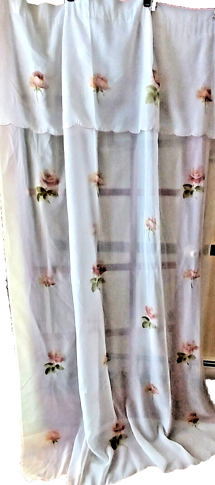 2 Pc Embroidered Sheer Curtain, attached Valance Rod pocket White,Pink flowers