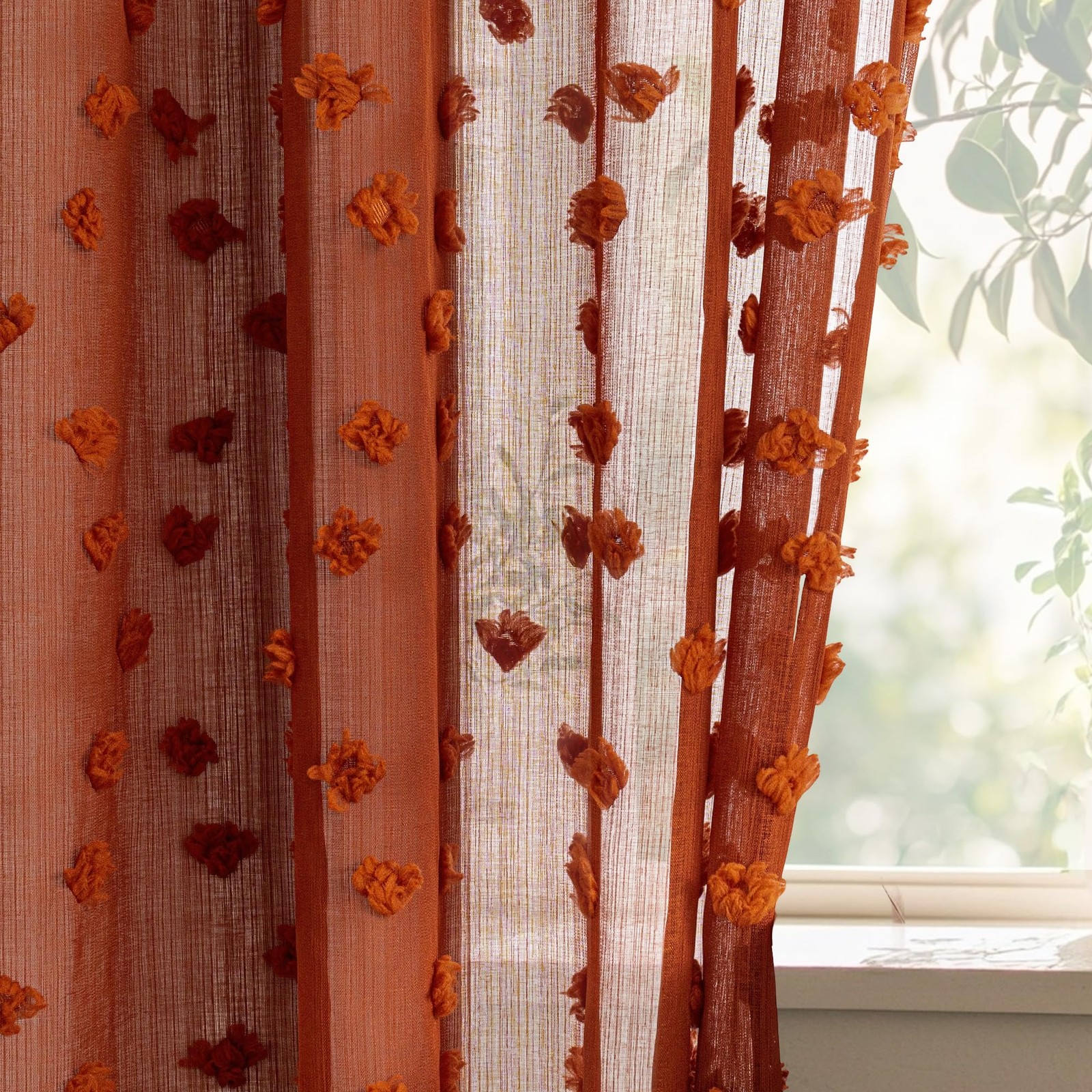 Terracotta Boho Sheer Curtains — with Pom Poms 84 Inches Long Burnt Orange Ru…