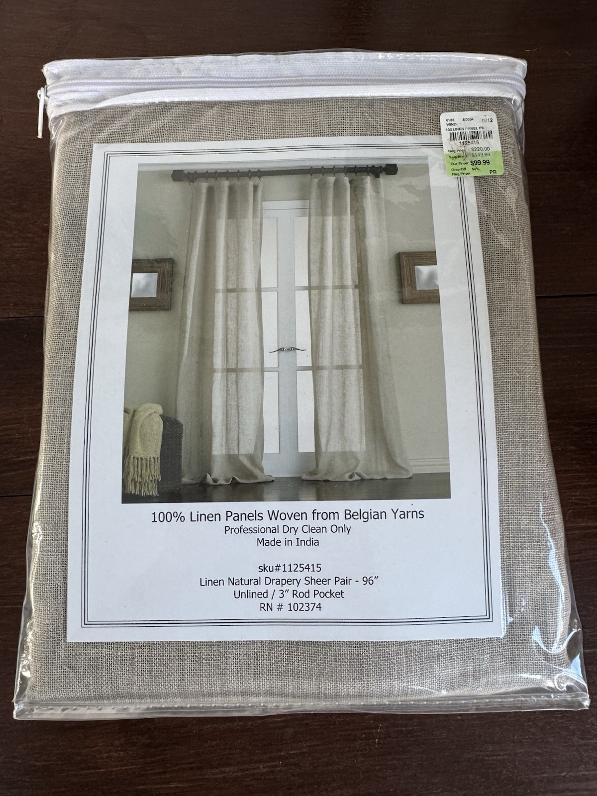 100% Belgian Linen Curtain Panels Pair 96” Natural Sheer Rod Pocket NIP
