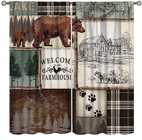 Farmhouse Bear Deer Curtains, Rustic 20.5″W x 45″L (Pack of 2) Retro Style-1