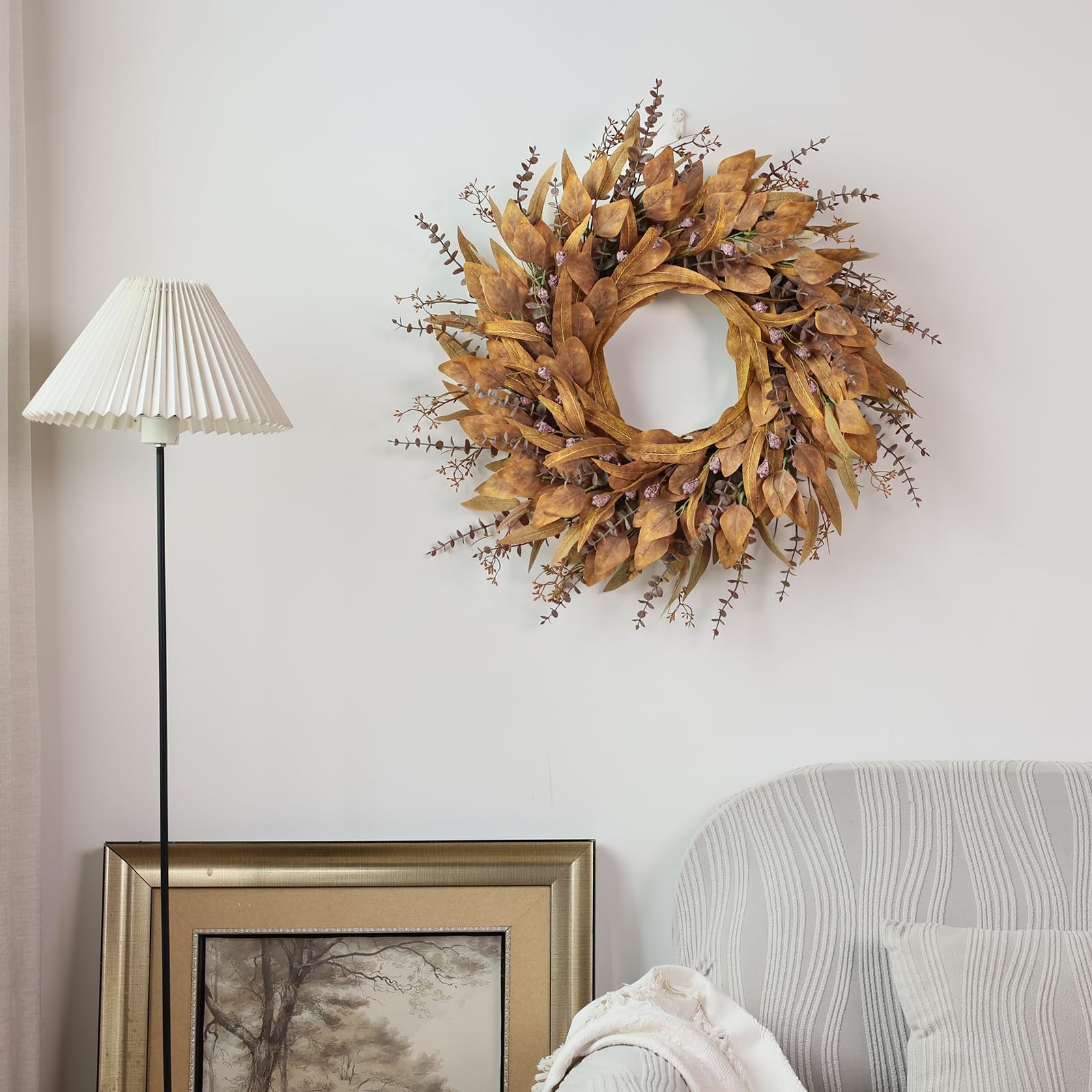 26” Eucalyptus Wreath for Front Door – Autumn Large Artificial 26 IN, Orange