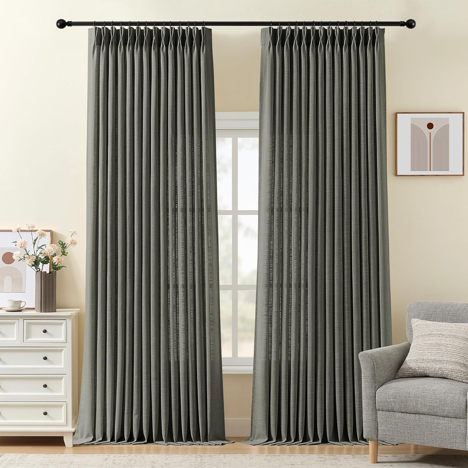 96 Inch Linen Curtains for Living Room, Pinch Pleated Semi Sheer Curtain Rustic