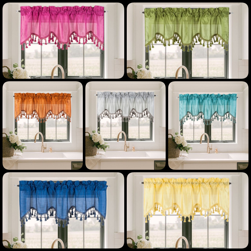 1PC WAVE SOLID ROD POCKET FAUX SILK WINDOW ASCOT VALANCE SWAG TOPPER W/FRINGES