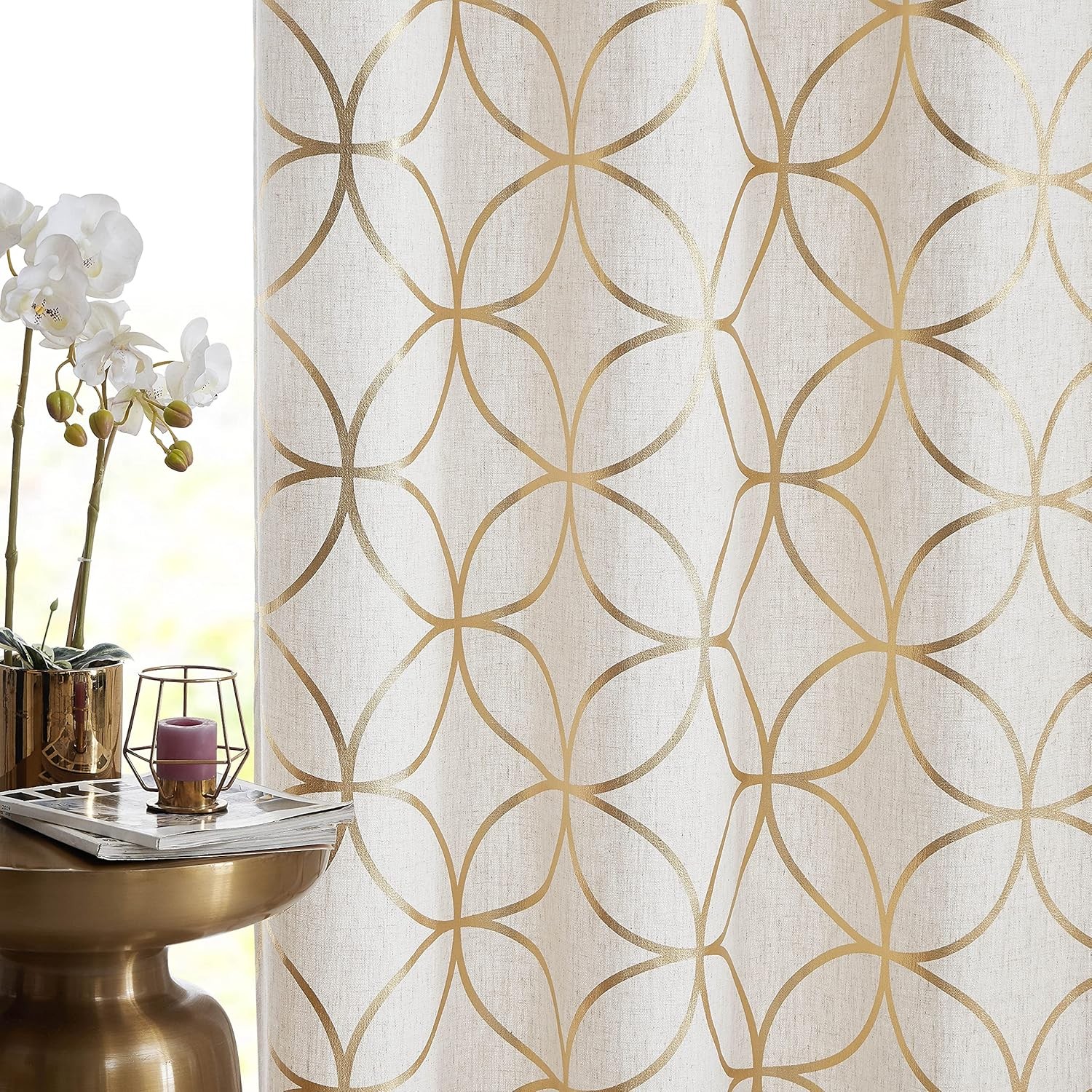 Gold Foil Print Linen Curtains Metallic Moroccan Cream Semi Sheer Curtains for