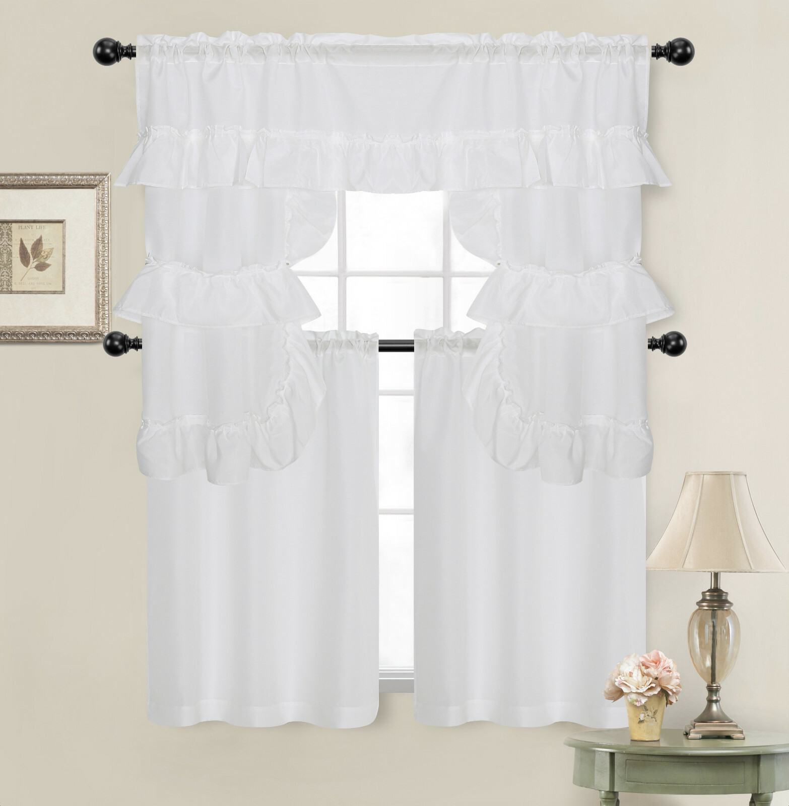 Country Farmhouse Solid Colored Kitchen Curtain Tier/Swag Set – Assorted Colors