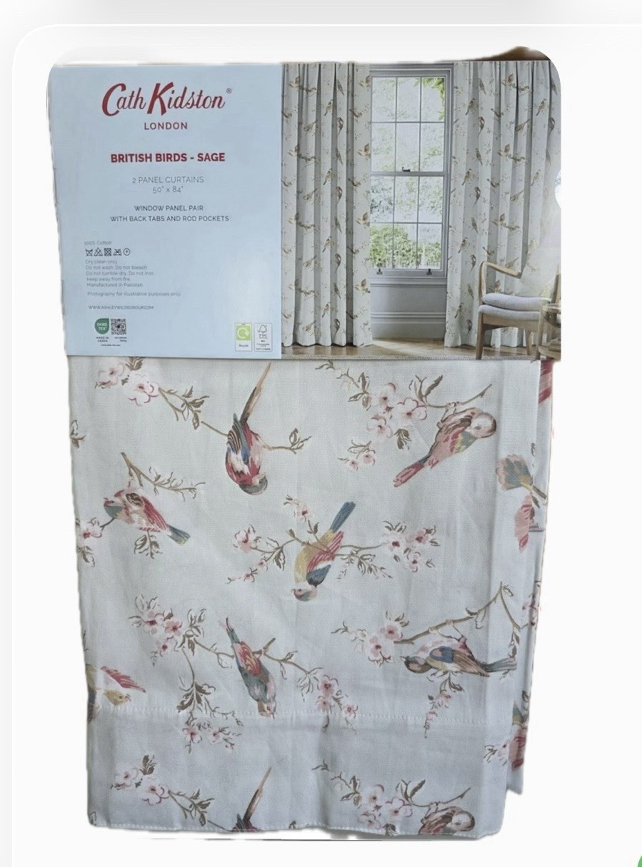 NEW CATH KIDSTON British BIRDS Garden Floral Sage 100%Cotton Curtains 50×84 Pair
