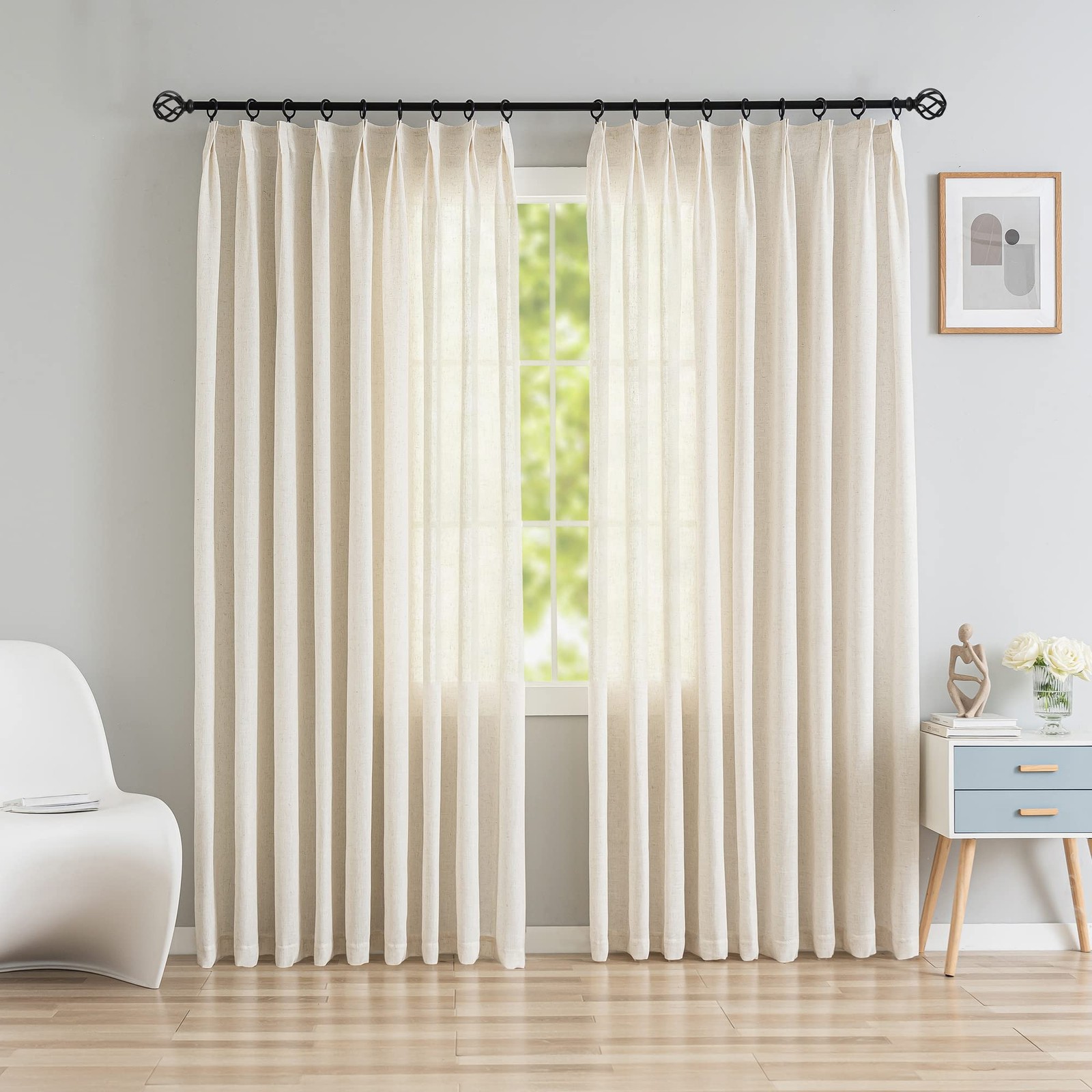 Oyring Faux Linen Double Pinch Pleat Window Curtains Panelssemi Sheer Light