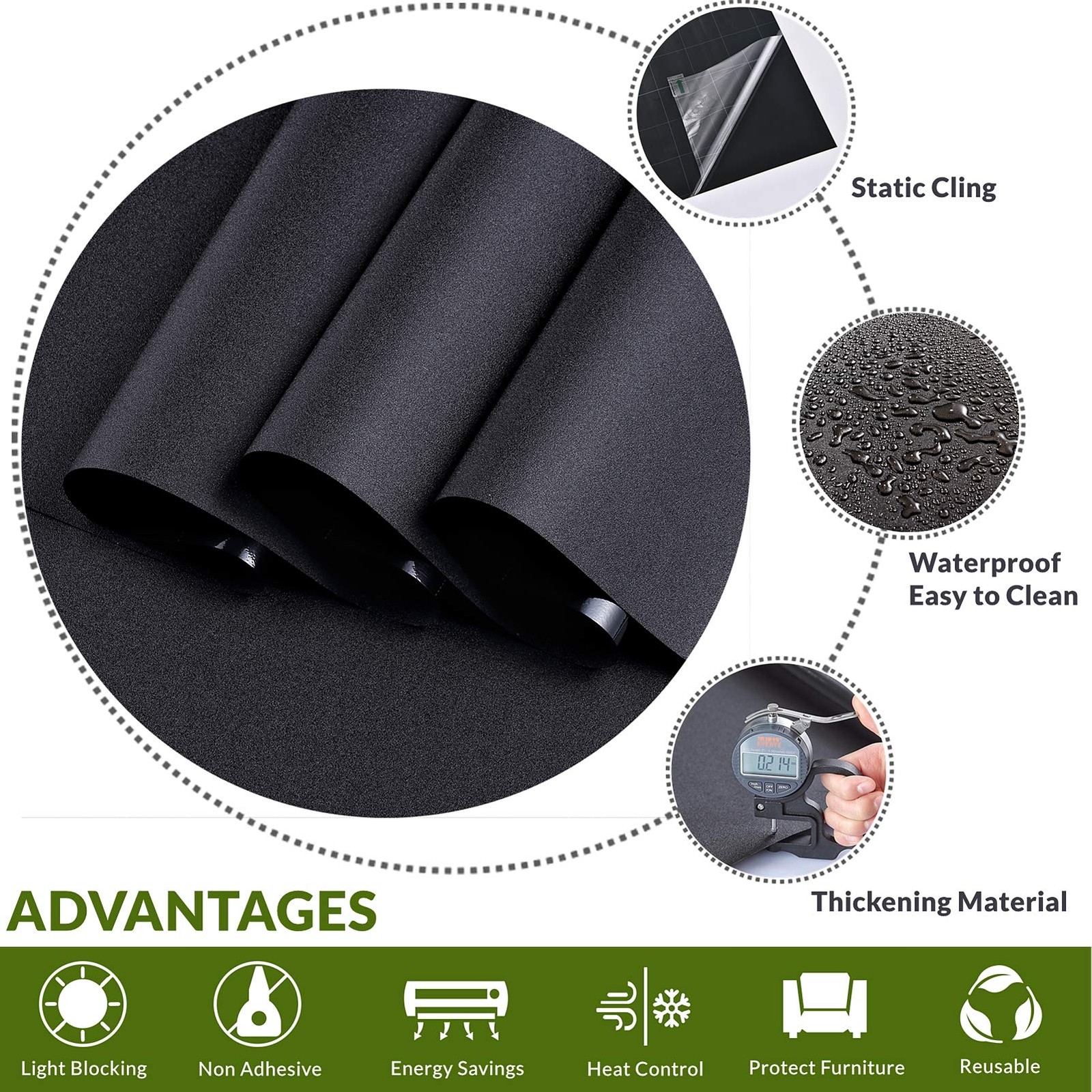 Static Cling Total Blackout Window Film Privacy Room Darkening Window Tint Bl…