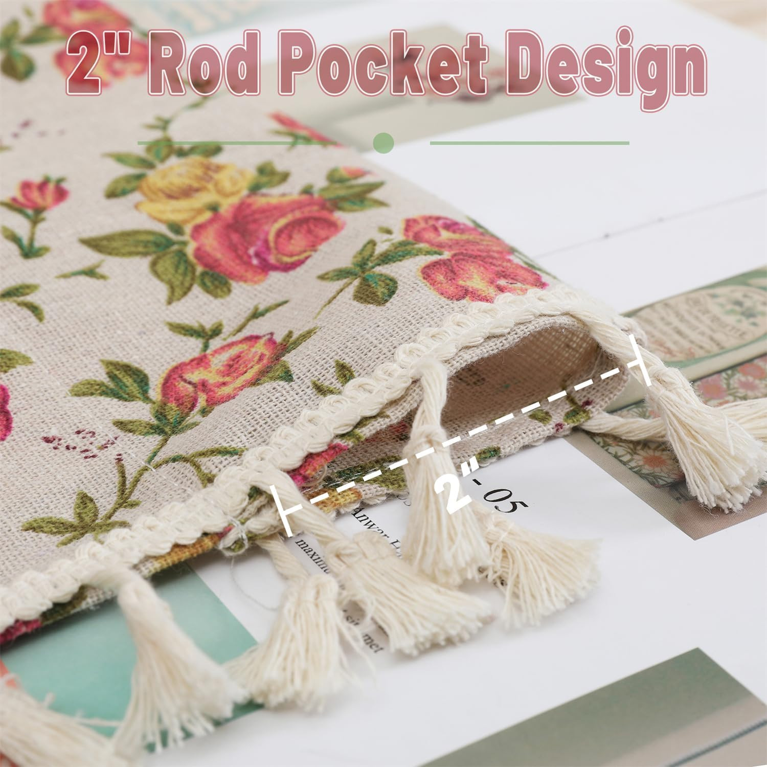 2 Panels Linen Tassels Curtains Farmhouse Red Rose Flower Vintage Semi Sheer Win