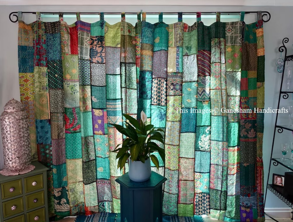 2 PC INDIAN VINTAGE COTTON KANTHA CURTAIN DRAPE WINDOW DECOR HEAVY DOOR CURTAIN
