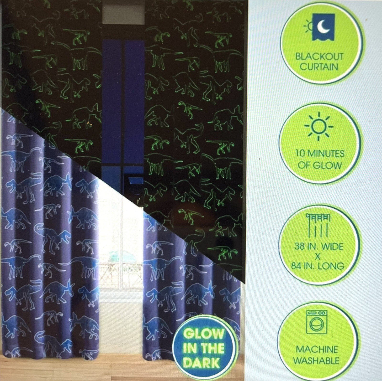 Glow in the Dark Window Panel Blue Dinosaur Curtain 38″ X 84″ Your Zone