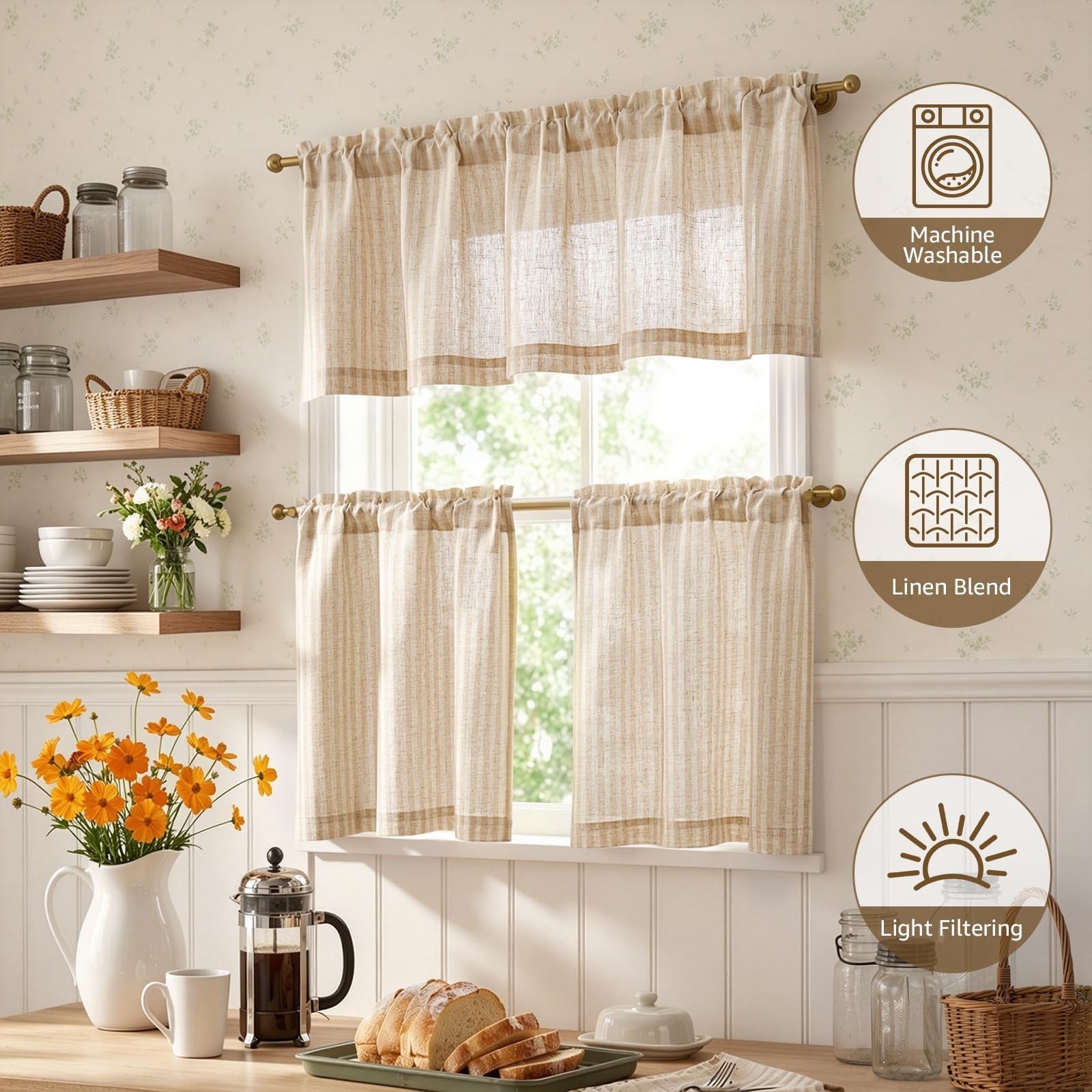 Striped Tier Curtains Set – Ticking Stripe Linen Cafe Curtains 24″ for Kitchen &