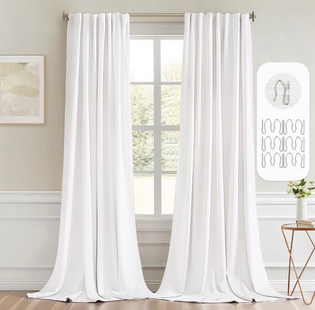 Miulee Pure White 100% Polyester Back Tap Blackout Drapes 52” X 102”