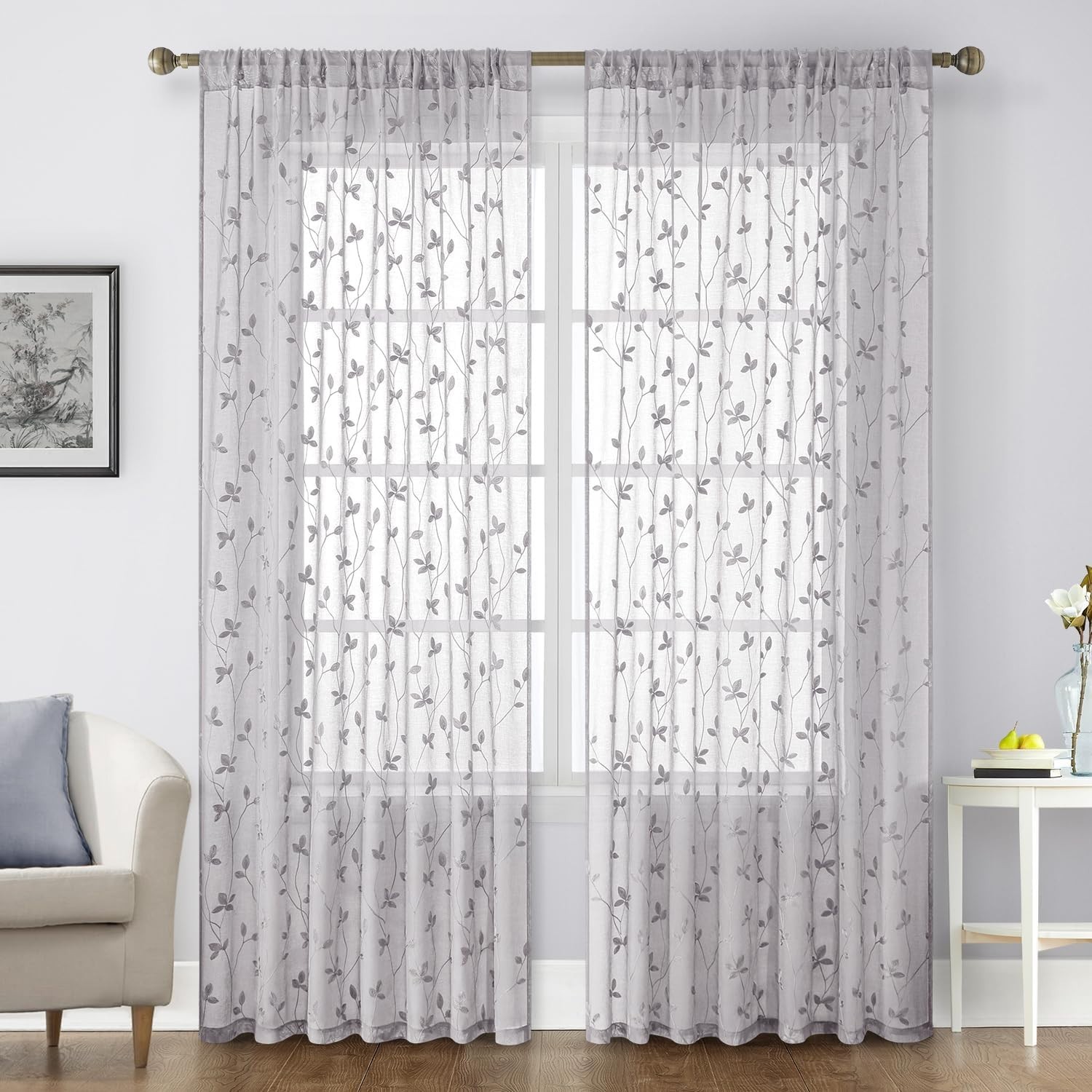 Light Grey Sheer Curtains 52 X 84 Inches Length 2 Panels Embroidered Vine Flo…