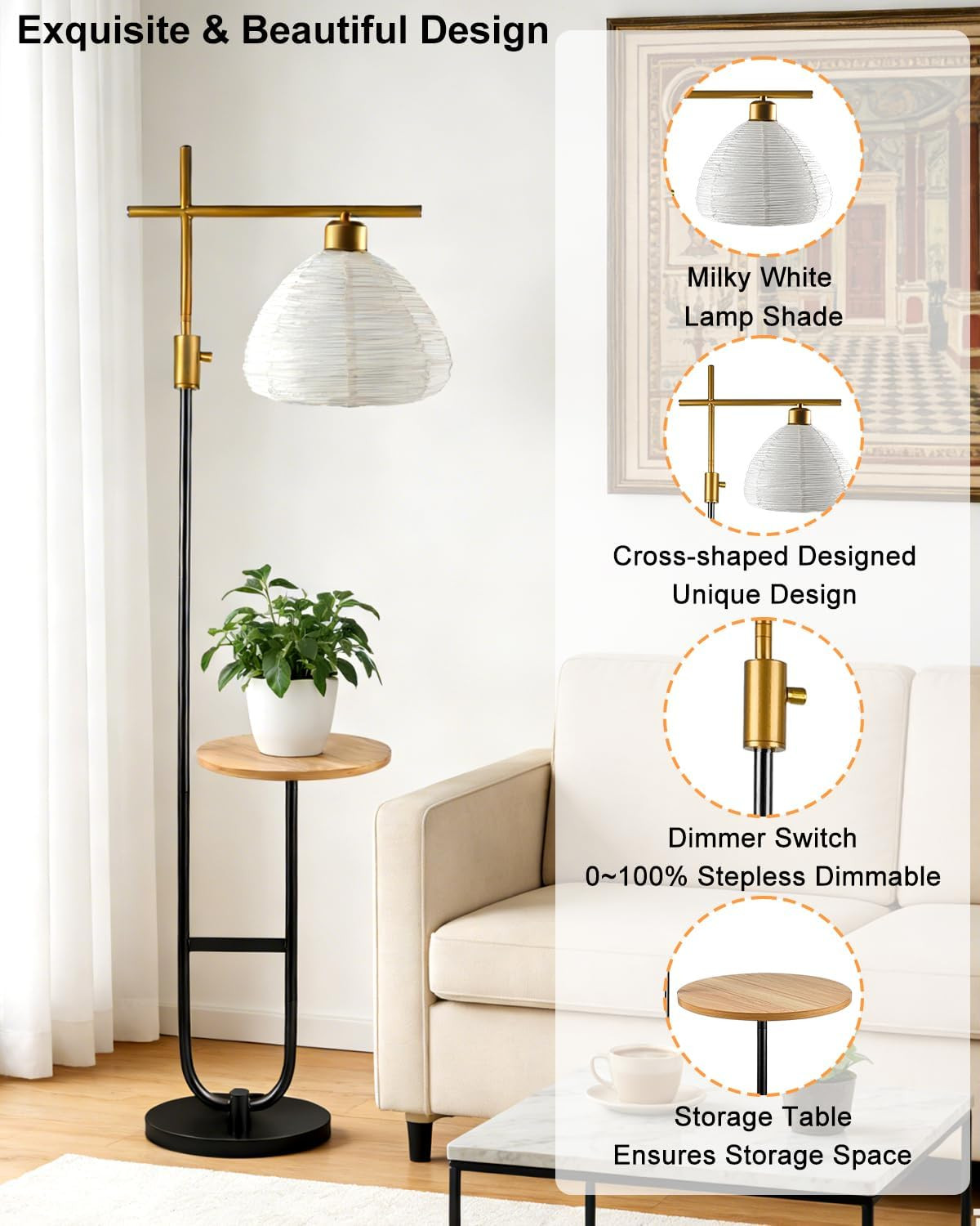 Gold & Black Dimmable Floor Lamp with Storage Table for Living Room/Bedroom